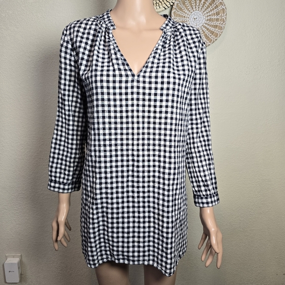 J. Crew Womens Linen Cotton Navy White Check Tunic Shirt Sz S Preppy 3/4 Sleeve - Picture 10 of 12